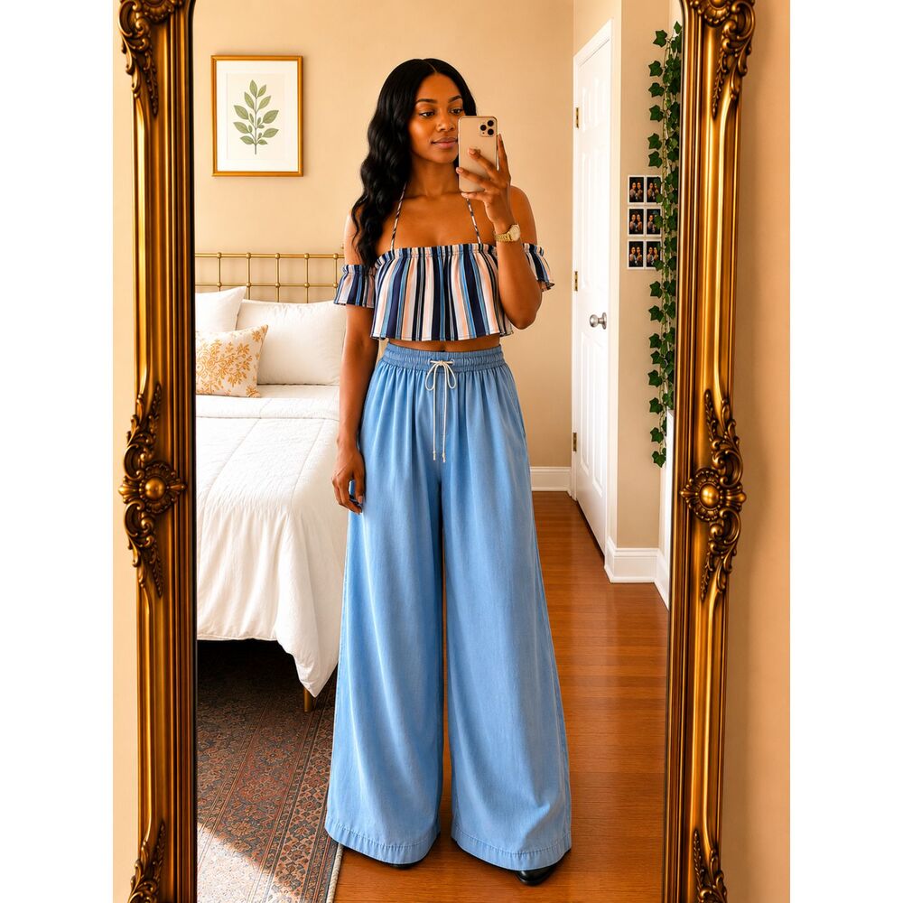 Chocolate USA Blue Stripe Off Shoulder Halter Crop Top S Ruffle Sleeves  Style